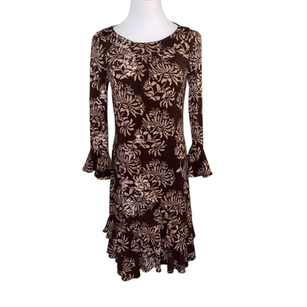 Oscar De La Renta Brown Floral Ruffle Dress